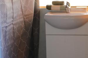 een badkamer met een wastafel, een toilet en een gordijn bij Quentin Park Hideaway 1 in Peterborough