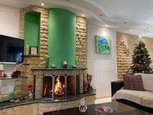 un salon avec une cheminée et un arbre de Noël dans l'établissement Aleksandras Διαμερίσματα, à Ioannina