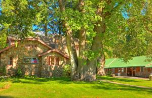 uma casa de pedra com uma árvore em frente em Strawberry Valley Inn em Mount Shasta