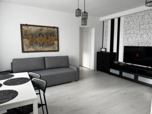 a living room with a couch and a table at REVO LUX Apartament in Baia Mare