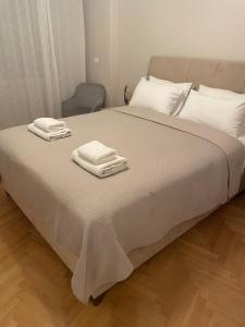 Una cama con dos toallas encima en Adrianos Gate View Apartment, en Atenas