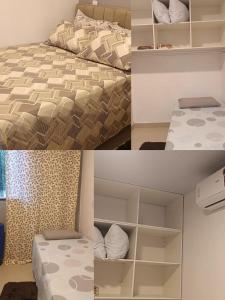 due foto di una camera da letto con un letto e degli scaffali di casa por temporada pontal da barra a Maceió