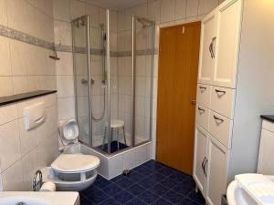 a bathroom with a shower and a toilet and a sink at POLAT Apartments 9 in Essen