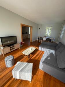 a living room with a couch and a tv at La Maison Lilas in Messeix