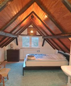 a bedroom with a bed in an attic at Villa SKYLO in Winterberg