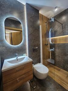 a bathroom with a sink and a toilet and a mirror at Noclegi APART - Domek na wyłączność in Gorlice
