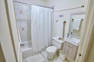 a bathroom with a toilet and a sink and a shower at Modern Santo Domingo Condo in Heart of Gazcue in Santo Domingo