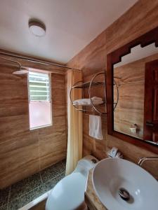 a bathroom with a sink and a toilet and a mirror at Hs Tierra In in Machu Picchu +70 photos