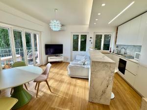 a kitchen and living room with a counter top at Botanic Garden Apartment Calandre Beach Ventimiglia in Ventimiglia