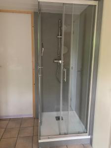 a shower with a glass door in a bathroom at Espace privé dans un parc arboré in Guebwiller
