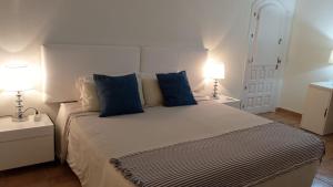 a bedroom with a large bed with blue pillows at Villa Tranquilla in Estepona