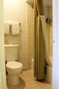 a bathroom with a toilet and a shower at Rodeway Inn in Santa Clara