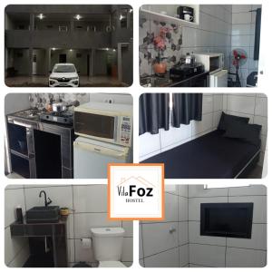 een collage van vier foto's van een keuken bij Vila Foz HOSTEL AP6 Apartamento completo de casal com garagem fechada e lavanderia, Temos Uber e guia turístico para indicar, Nosso apartamento é o melhor custo benefício de Foz do Iguaçu in Foz do Iguaçu