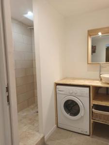 a washing machine in a bathroom with a sink at Appartement jacuzzi privé à 3 minutes cité médiévale in Carcassonne