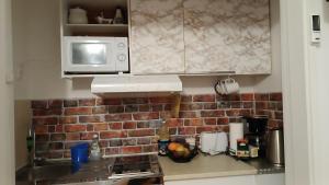 a kitchen with a brick wall and a microwave at Lea - sea&city view Apartment with Terrace in Dubrovnik