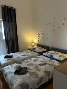two beds in a room with birds on the wall at Apartman Viktoria in Vir