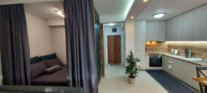 a living room with a couch and a kitchen at Apartman Tivat - Centar 1 in Tivat