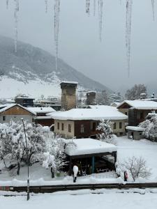 a town covered in snow with buildings and trees at Hotel Svanseti in Mestia