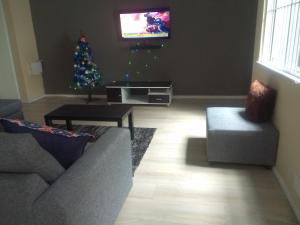 a living room with a couch and a christmas tree at 35 Quanza in East London