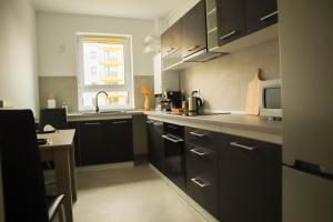 eine Küche mit schwarzen Schränken und einem Fenster in der Unterkunft LZR Apartments in Braşov
