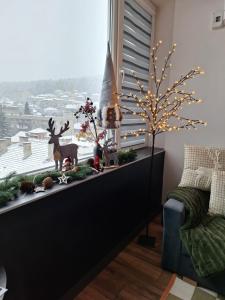 a window with christmas decorations on a window sill at Студио Даневски-Balkan Tower in Gabrovo