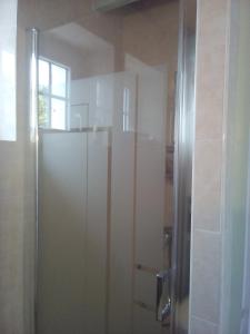 a shower in a bathroom with a glass door at La Maison bleu in Saint-Tugdual