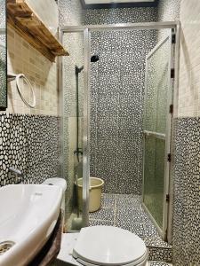 a bathroom with a shower and a toilet and a sink at Serenity Home - 4 bedroom home in Iloilo City