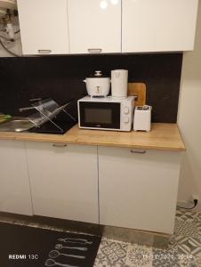 encimera con microondas en la parte superior de la cocina en Beau studio propre, en Colombes