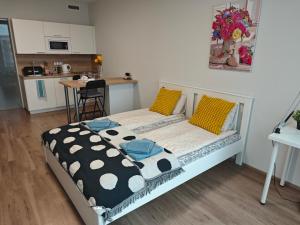 プラハにあるComfort flat with great locationのベッドルーム1室(ポルカドットの枕付きのベッド1台付) +15枚の写真