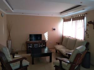 a living room with a couch and a tv at Nuevo Amanecer in Villa Los Aromos