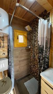 a small bathroom with a shower and a sink at Wooden House ŠUŠKA 3 - Drvena kuća ŠUŠKA 3 in Zaovine +21 photos