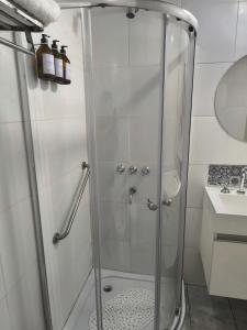 a shower with a glass door in a bathroom at La casa in Gualeguaychú +12 photos