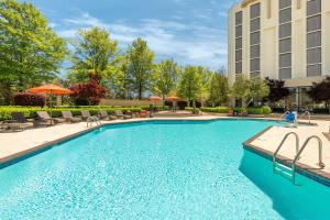 a swimming pool with chairs and a building at Greenville Marriott in Greenville