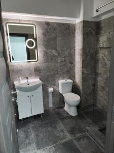 a bathroom with a toilet and a sink and a mirror at Garsoniera de lux cu balcon in Craiova