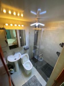 La Alianzaにある13 de las Américasのトイレ、洗面台、シャワー付きのバスルーム