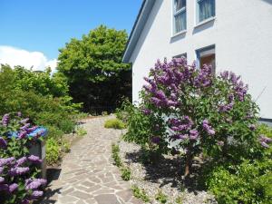 a garden in front of a house with purple flowers at Ferienwohnung Familie Hübner in Lübeck