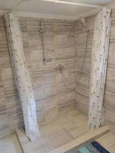 eine Dusche mit Duschvorhang im Bad in der Unterkunft Casa din Săcădat-Szakadáti Vendégház in Sovata