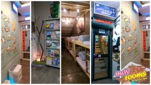 three pictures of a room with a toy refrigerator at May Rooms Taipei Nangang Station in Taipei