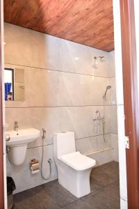 MāvalliにあるCoastal Pearl Home Stay, Murudeshwarのトイレ、洗面台、シャワー付きのバスルーム