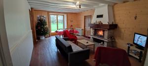 a living room with a fireplace and a christmas tree at Grimont gîte au calme grand terrain circuit cascades du Hérisson in Saugeot