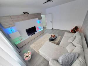 a living room with a couch and a fireplace at SofiYanis in Sibiu +2 photos