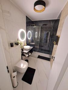 a bathroom with a toilet and a sink and mirrors at SofiYanis in Sibiu