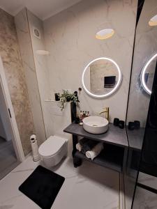 a bathroom with a toilet and a sink and a mirror at SofiYanis in Sibiu