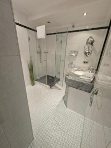 a bathroom with a shower and a sink at Hotel MALEPARTUS am Kurpark in Bad Schwalbach