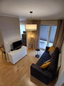 een woonkamer met een bank en een tv bij Apartament Łąkoszyn Kutno in Kutno