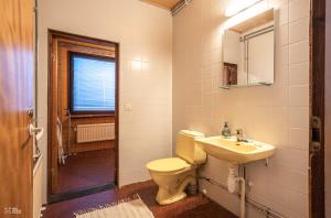 a bathroom with a toilet and a sink at Perinteikäs 3 makuuhuoneen koti in Kainuu +32 photos