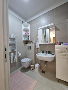 a bathroom with a sink and a toilet and a mirror at Apartmani Stan na dan 34 in Banja Luka +23 photos