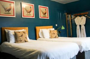 two beds in a room with blue walls at Argyle Guest House in Tomintoul