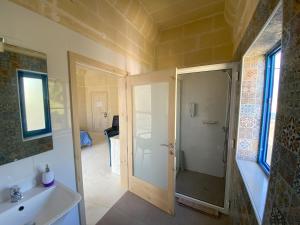 a bathroom with a shower and a sink at Fiftyfour West Boutique Living in Għarb