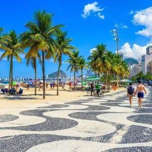 a cobblestone walkway on a beach with palm trees at Santa clara 515 in Rio de Janeiro